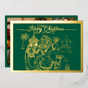 Carte De Vœux En Aluminium Camels, Manger, Joyeux Noël en Vert, Or