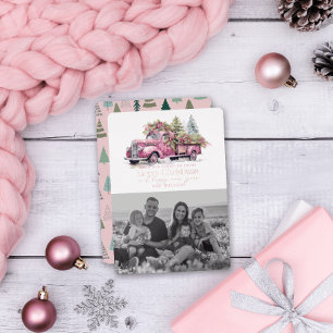 Carte De Vœux En Aluminium Camion de ferme rose vintage Arbre de Noël Photo