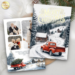 Carte De Vœux En Aluminium Camion de Noël Rouge Vintage 3 Collage Photo Or