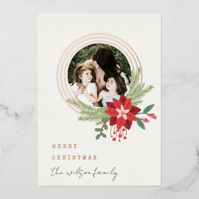 Carte De Vœux En Aluminium Cercle rouge blanc Photo Poinsettia Joyeux Noël (Recto)