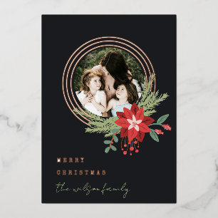 Carte De Vœux En Aluminium Cercle rouge Noir Photo Poinsettia Joyeux Noël