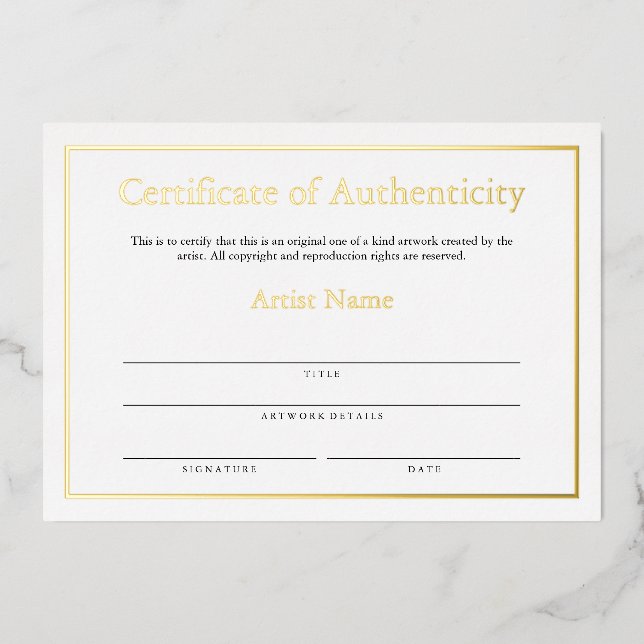 Carte De Vœux En Aluminium Certificat d'authenticité Gold Foil pour l'art (Recto)