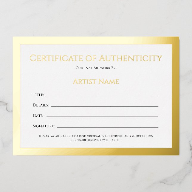 Carte De Vœux En Aluminium Certificat d'authenticité Ultra Luxe Gold Foil (Recto)