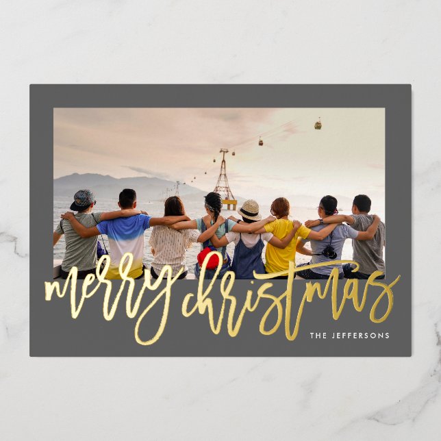 Carte De Vœux En Aluminium Charcoal Frame & Gold Joyeux Noël Photo Foil (Recto)