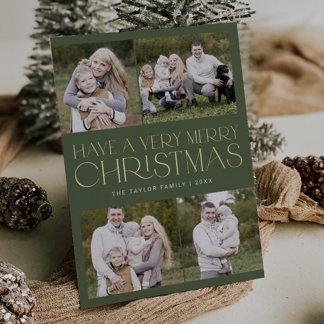 Carte De Vœux En Aluminium CHARLIE Green Foil Famille Multi Photo Noël (CHARLIE Green Foil Family Multi Photo Christmas Foil Holiday Card)