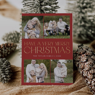 Carte De Vœux En Aluminium CHARLIE Red Gold Foil Famille Multi Photo Noël