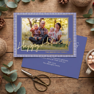 Carte De Vœux En Aluminium Chic Gingham Or Foil Joyeux Noël Photo de Famille