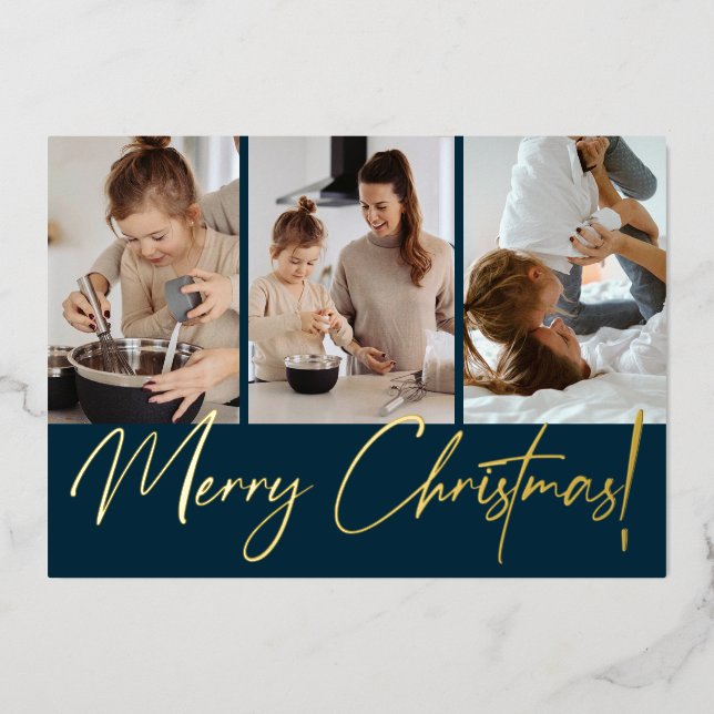 Carte De Vœux En Aluminium Chic moderne Joyeux Noël Photo Marine Bleu (Recto)