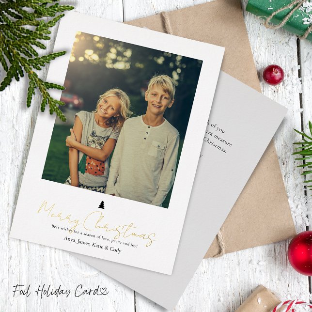 Carte De Vœux En Aluminium Chic moderne Lettrage main simple photo (Chic Modern Hand Lettering Single Photo Foil Holiday Card)