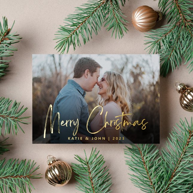 Carte De Vœux En Aluminium Chic Script Calligraphie Christmas Couple Photo (Créateur téléchargé)