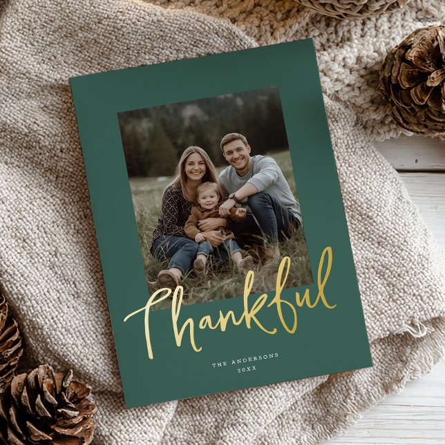 Carte De Vœux En Aluminium Chic Script Thanksgiving Photo Dark Green Gold  (Créateur téléchargé)