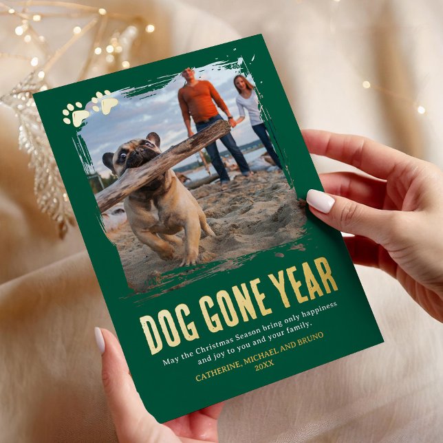 Carte De Vœux En Aluminium Chien est parti année photo verte Noël (Créateur téléchargé)