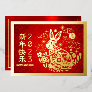 Carte De Vœux En Aluminium Chine Nouvel An Rabbit 2023 moderne Rouge Real Or