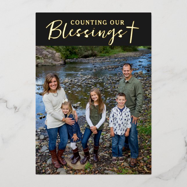 Carte De Vœux En Aluminium Christmas Blessings Photo Cross Script Faith Black (Recto)