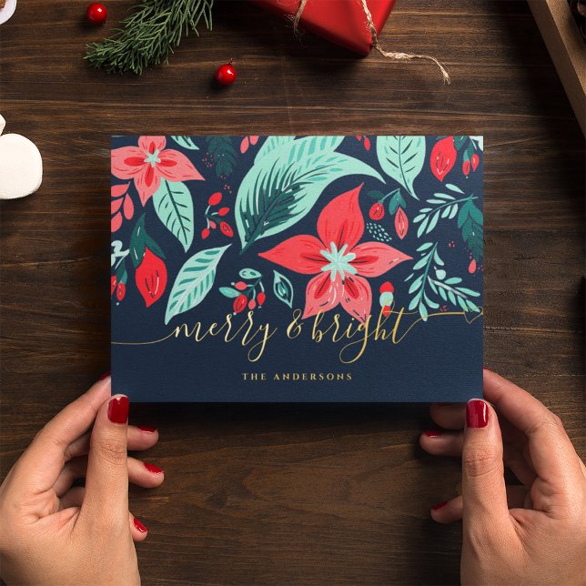 Carte De Vœux En Aluminium Christmas Blue Botanical Floral Gold (Créateur téléchargé)