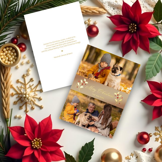 Carte De Vœux En Aluminium Christmas Botanical Holly Branches Themed Photo (Christmas Botanical Holly Branches Themed Photo Script Metallic Foil Holidays Card with Envelope. )