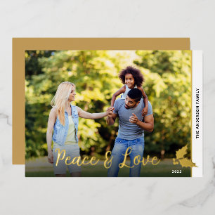 Carte De Vœux En Aluminium Christmas Holly Photo Peace & Love Gold