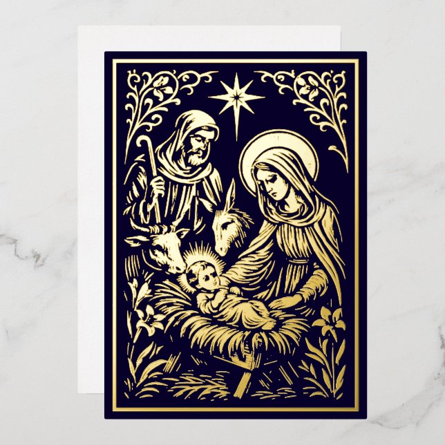 Carte De Vœux En Aluminium Christmas Nativity in Retro Art Nouveau Woodcut (Recto/Verso)