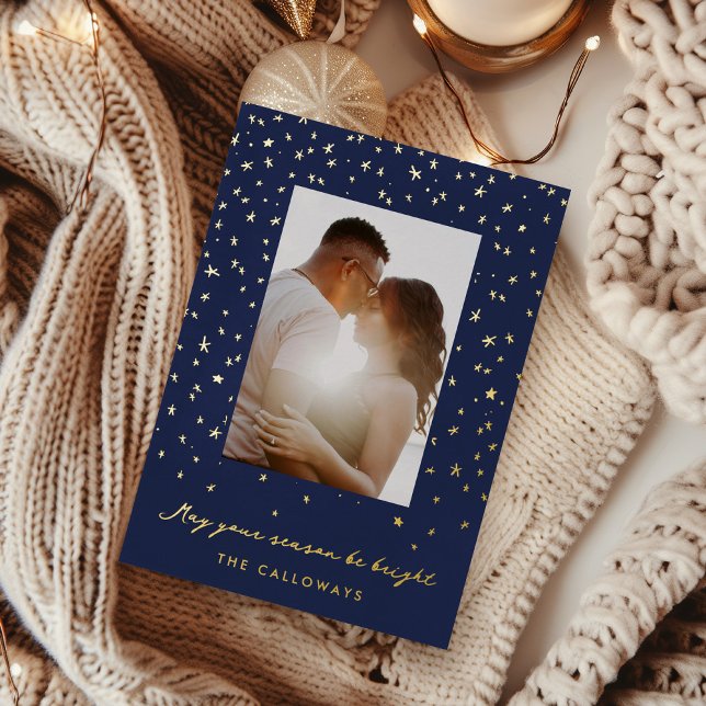 Carte De Vœux En Aluminium Ciel étoilé illustré Photo Or (Starlit Sky holiday photo card with hand-drawn, gold-foiled stars.)