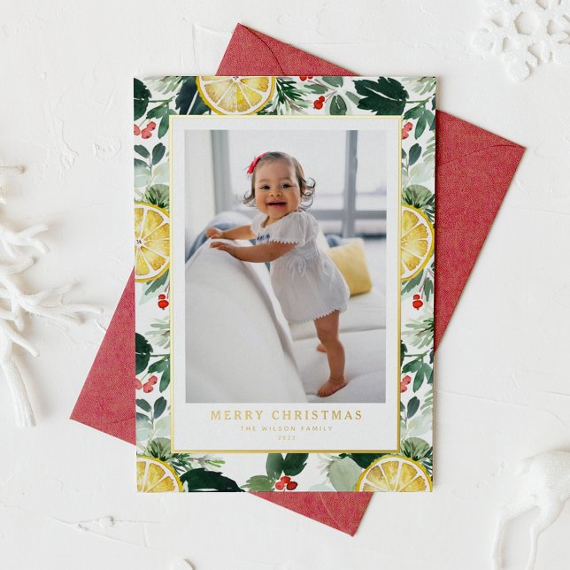 Carte De Vœux En Aluminium Citrus d'hiver et verdure Motif Photo de Noël (Créateur téléchargé)