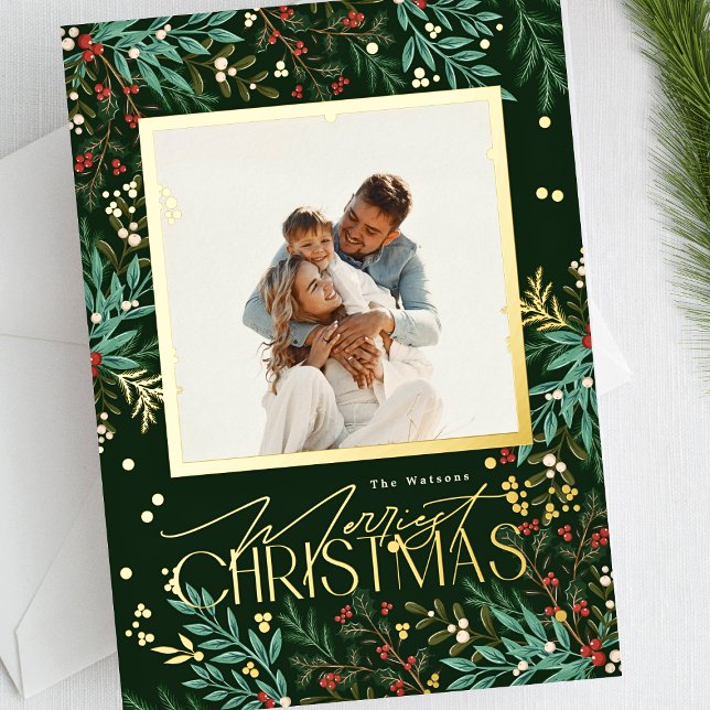 Carte De Vœux En Aluminium Classic Green Christmas One Photo Gold Botanique (Créateur téléchargé)