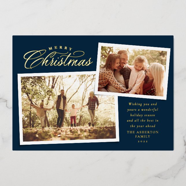 Carte De Vœux En Aluminium Classic Joyeux Noël deux photo élégante marine (Recto)