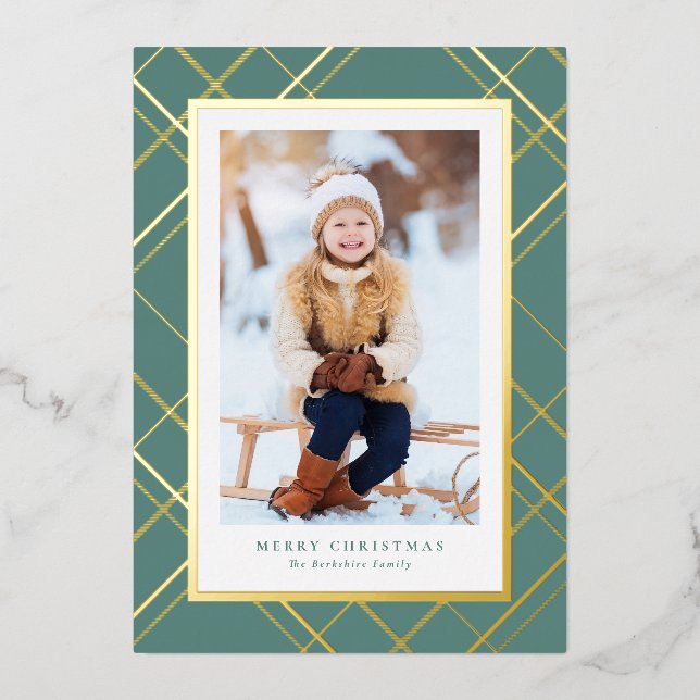 Carte De Vœux En Aluminium Classic Noël plaid vert une photo élégant (Recto)