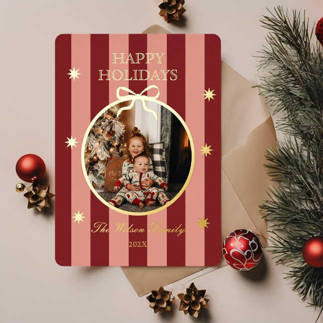 Carte De Vœux En Aluminium Classic Red Striped Photo Holiday Card (Créateur téléchargé)