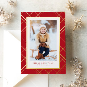 Carte De Vœux En Aluminium Classic rouge Noël plaid une photo élégante