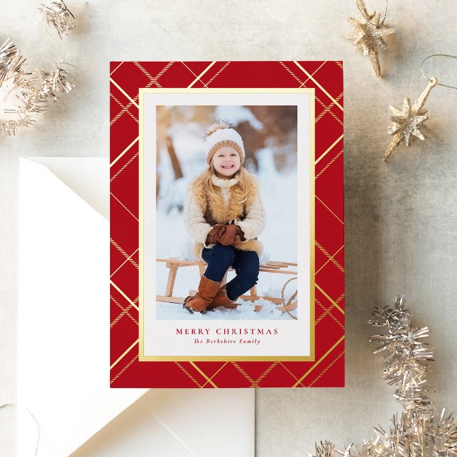 Carte De Vœux En Aluminium Classic rouge Noël plaid une photo élégante (Créateur téléchargé)
