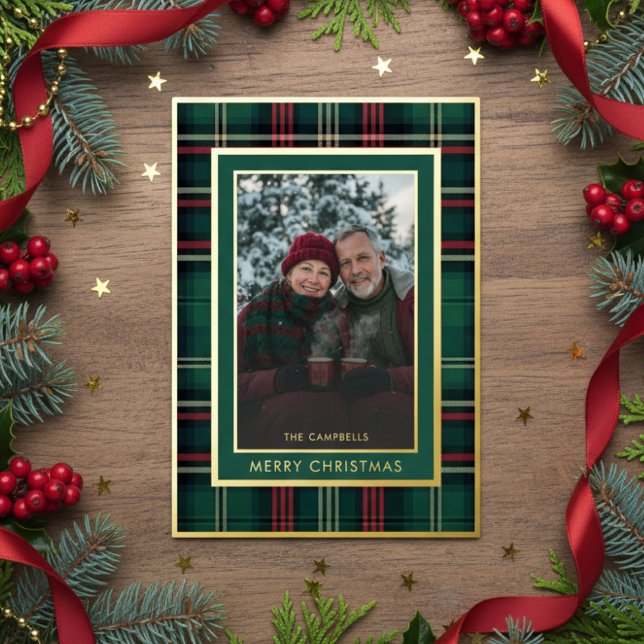Carte De Vœux En Aluminium Classic Rouge Vert Plaid Joyeux Noël Photo (Créateur téléchargé)