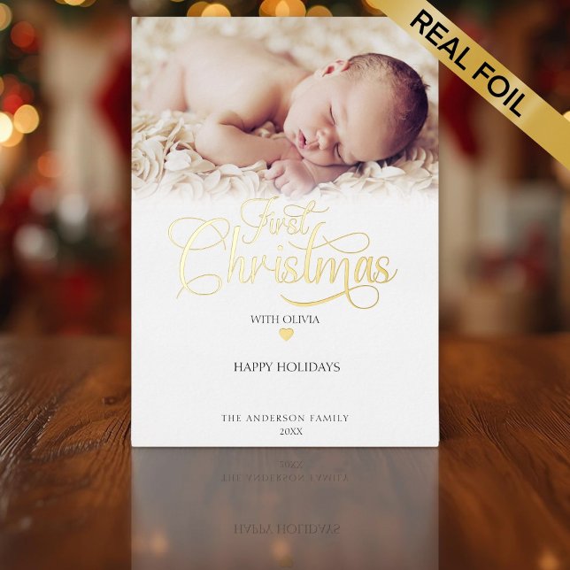 Carte De Vœux En Aluminium Coeur du premier script photo de Noël (First Christmas Photo Script Heart Foil Holiday Card)