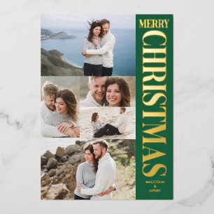 Carte De Vœux En Aluminium Collage de photos élégant Vert Or Joyeux Noël