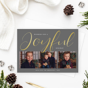 Carte De Vœux En Aluminium Collage photo Joyful Modern Grey and Gold Script