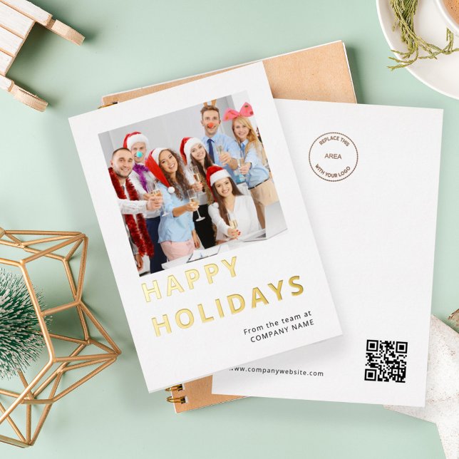 Carte De Vœux En Aluminium Colleague Photo Company Logo QR Happy Holidays (Front and back view)