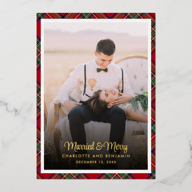 Carte De Vœux En Aluminium Couples Plaid Photo Tartan Christmas Gold (Recto)