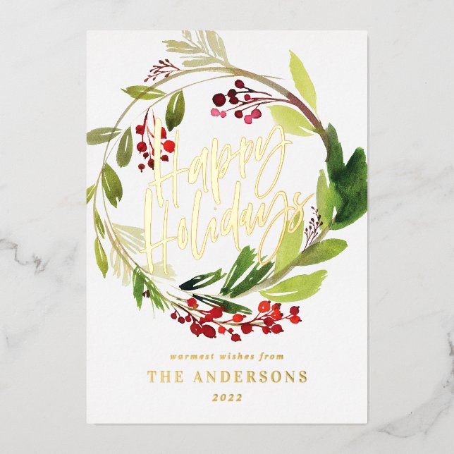 Carte De Vœux En Aluminium Couronne de baies à l'aquarelle Joyeuses Fêtes (Recto)