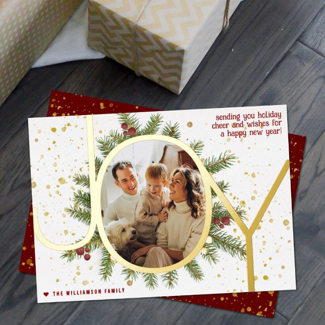 Carte De Vœux En Aluminium Couronne de branches de pin Trendy Joy Noël Photo  (Créateur téléchargé)