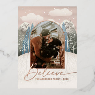Carte De Vœux En Aluminium Crois. Noël religieux des forêts d'hiver d'or