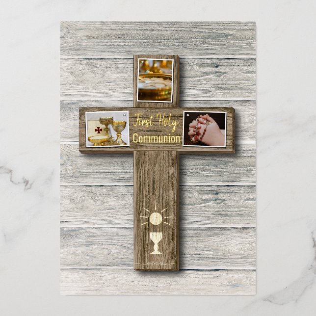 Carte De Vœux En Aluminium Croix Rustique Bois Première communion sainte (Recto)