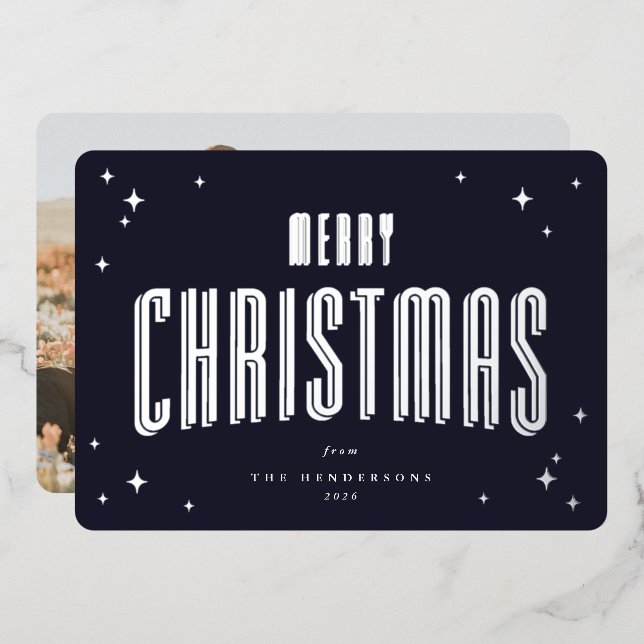 Carte De Vœux En Aluminium Dark Navy Joyeux Noël Retro Stars Photo (Recto/Verso)
