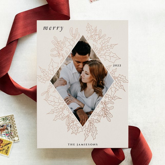 Carte De Vœux En Aluminium Delicate Holly | Elégant Rose photo Gold (Créateur téléchargé)