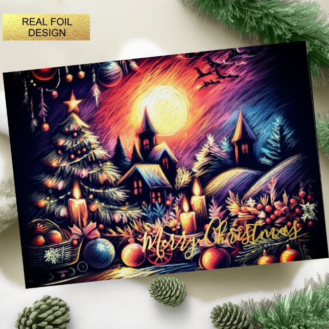 Carte De Vœux En Aluminium Dessin dur Pastel Scène de Noël (Créateur téléchargé)