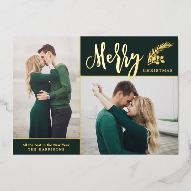 Carte De Vœux En Aluminium Deux photos Joyeux Noël élégant | Vert (Recto)