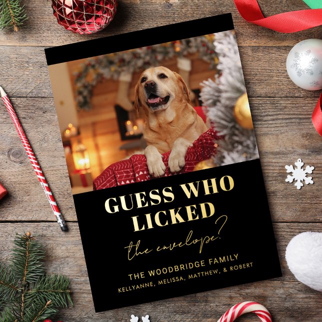 Carte De Vœux En Aluminium Drôle Chien Photo Devinez Qui Noël (Funny Dog Photo Guess Who Christmas Foil Holiday Card)