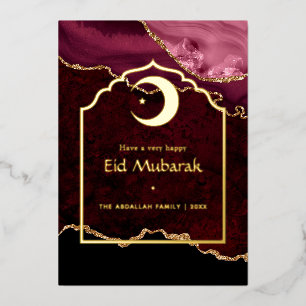 Carte De Vœux En Aluminium Eid Moubarak Bourgogne et Agate dorée