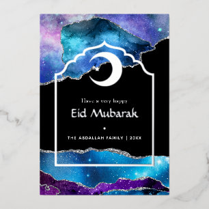 Carte De Vœux En Aluminium Eid Moubarak Galaxy et Silver Agate Foil C