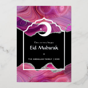Carte De Vœux En Aluminium Eid Moubarak Pink et argent Agate Papier métallisé