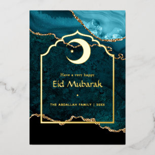 Carte De Vœux En Aluminium Eid Moubarak Turquoise - Turquoise et Agate Or