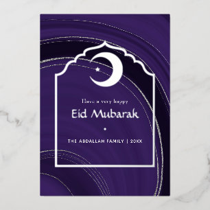 Carte De Vœux En Aluminium Eid Moubarak Violet et Argent Agate Feuille de Hol